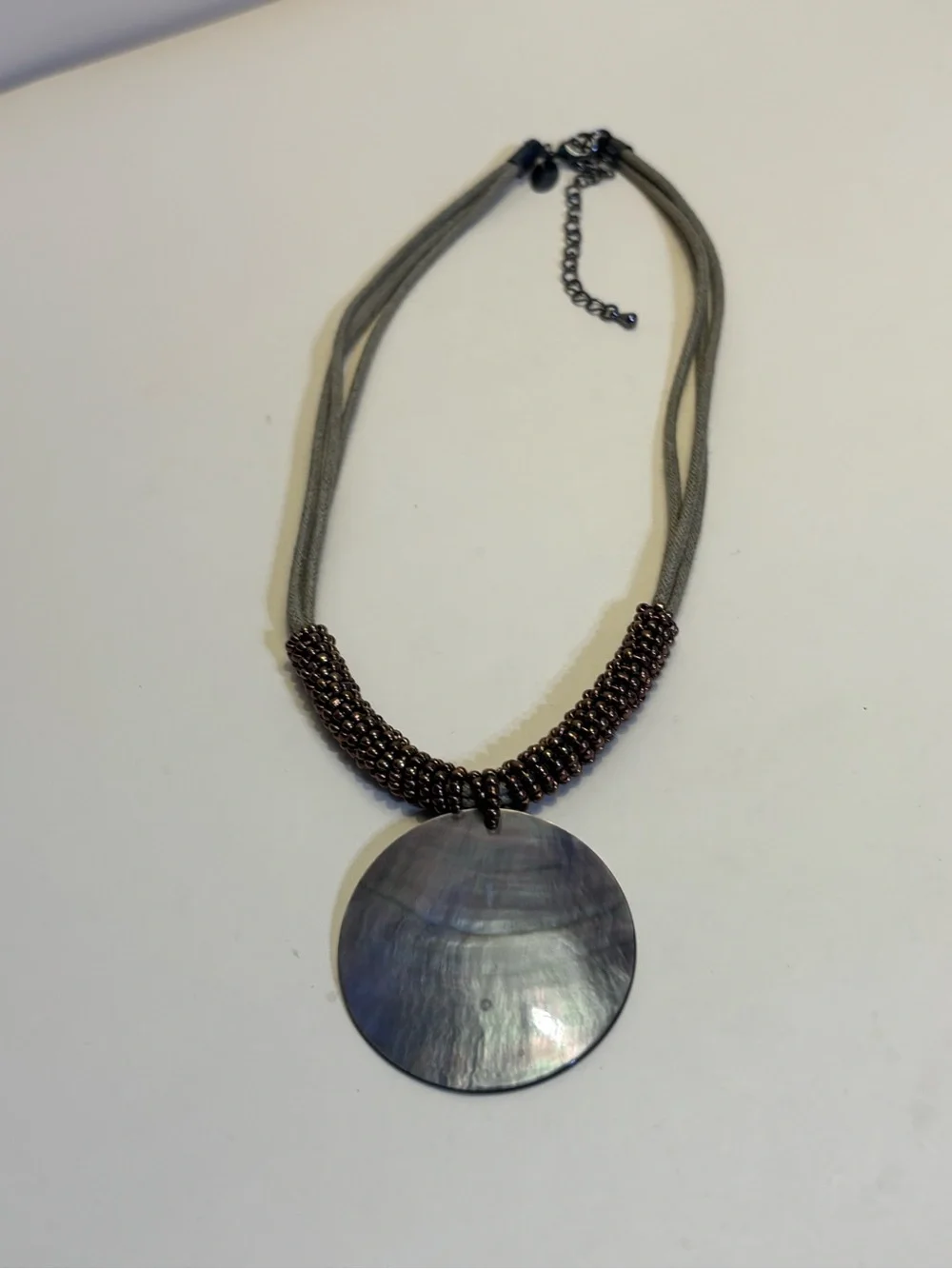 Lia Sophia Bronze Beaded Necklace with Iridescent Shell Pendant 16”+3”